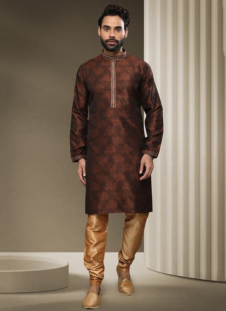 Brown Colour Ethnic Wear Mens Jacquard silk Kurta Pajama Collection 1537